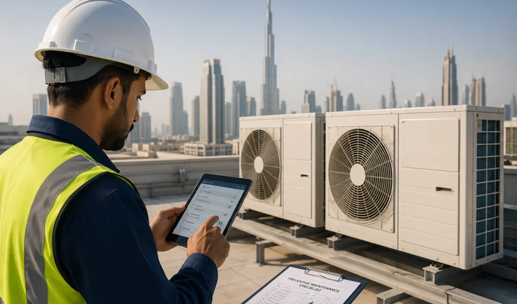 A technician wearing a white hard hat and yellow safety vest checks a digital maintenance list on a tablet on a rooftop. In the background are large HVAC units and the Dubai skyline, including the Burj Khalifa.