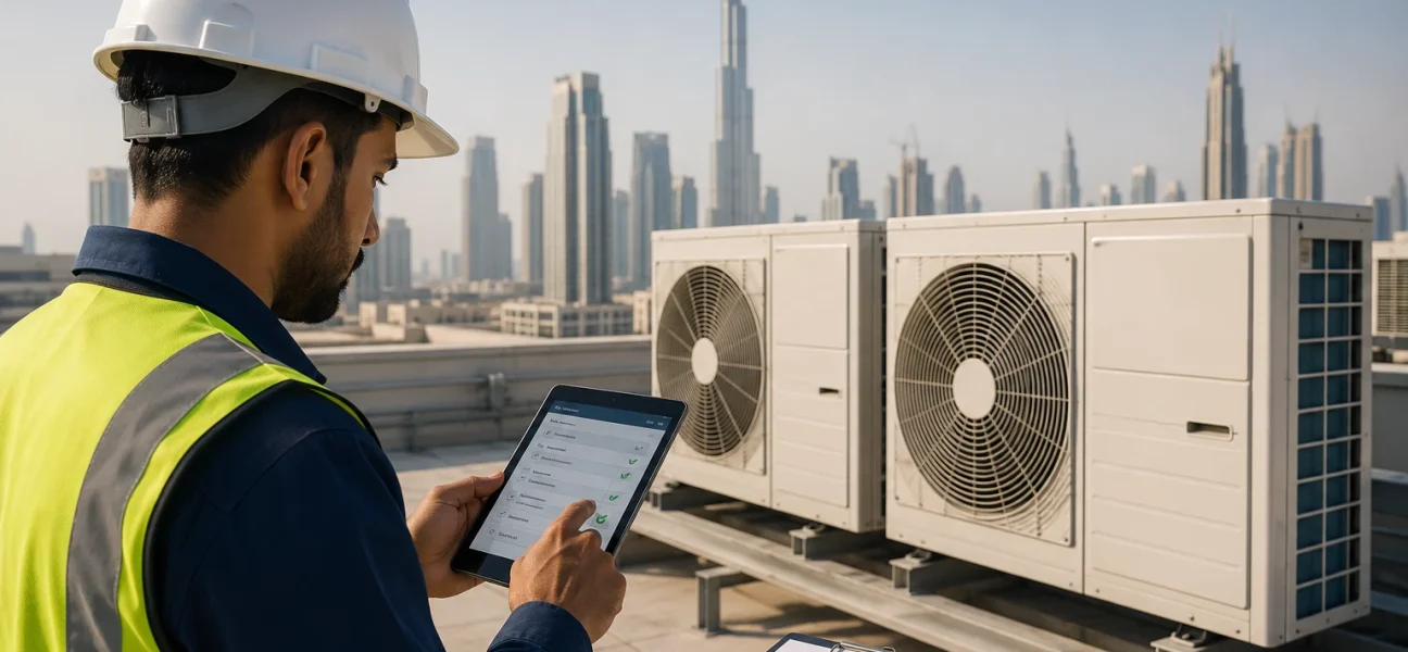 A technician wearing a white hard hat and yellow safety vest checks a digital maintenance list on a tablet on a rooftop. In the background are large HVAC units and the Dubai skyline, including the Burj Khalifa.