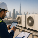 HVAC engineer inspecting rooftop air conditioning systems in Dubai during preventive maintenance inspection