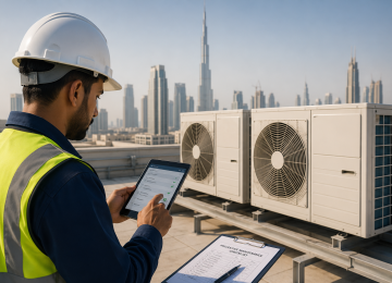 HVAC engineer inspecting rooftop air conditioning systems in Dubai during preventive maintenance inspection
