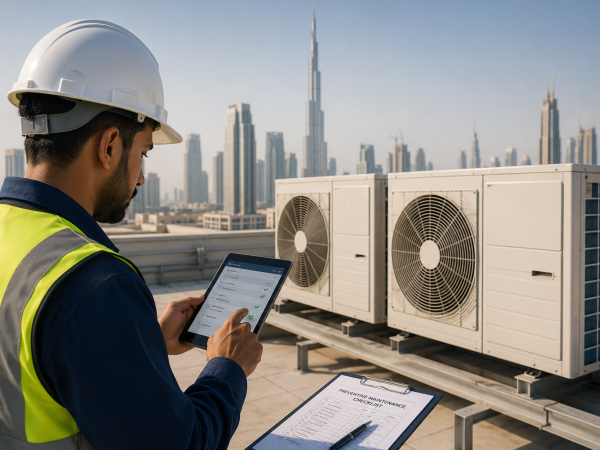 HVAC engineer inspecting rooftop air conditioning systems in Dubai during preventive maintenance inspection