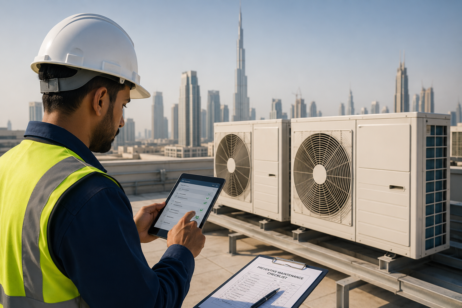 HVAC engineer inspecting rooftop air conditioning systems in Dubai during preventive maintenance inspection