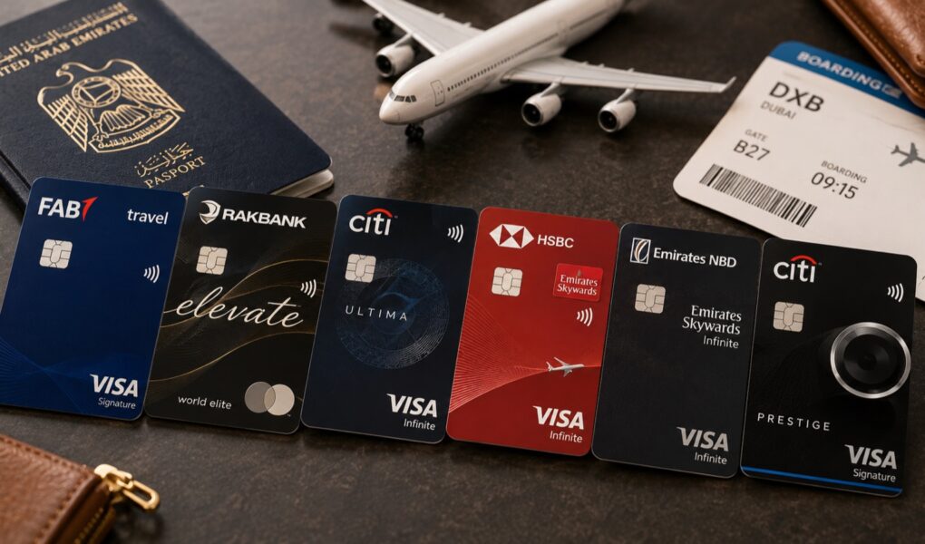 UAE travel credit cards with passport and boarding pass