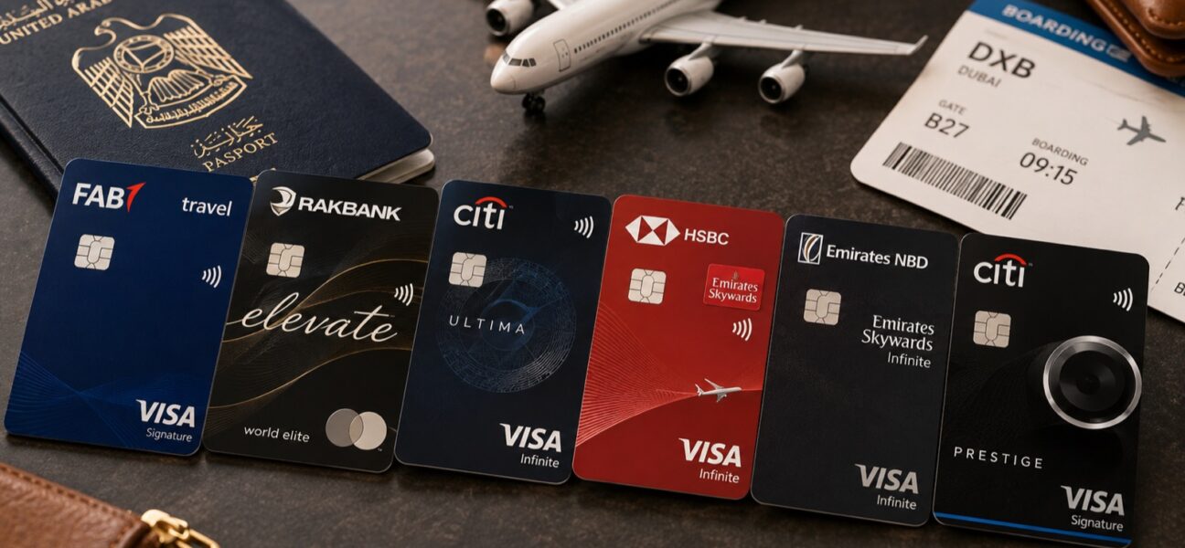 UAE travel credit cards with passport and boarding pass