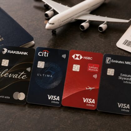 UAE travel credit cards with passport and boarding pass