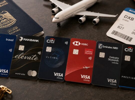 UAE travel credit cards with passport and boarding pass
