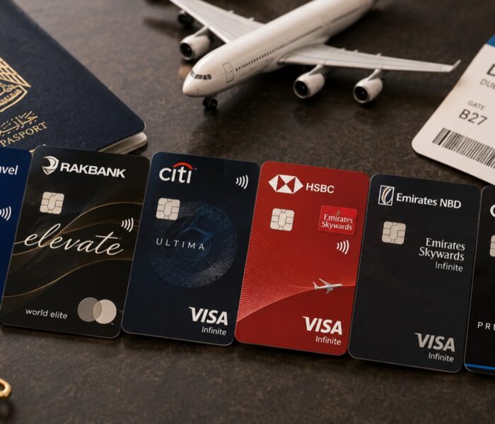 UAE travel credit cards with passport and boarding pass