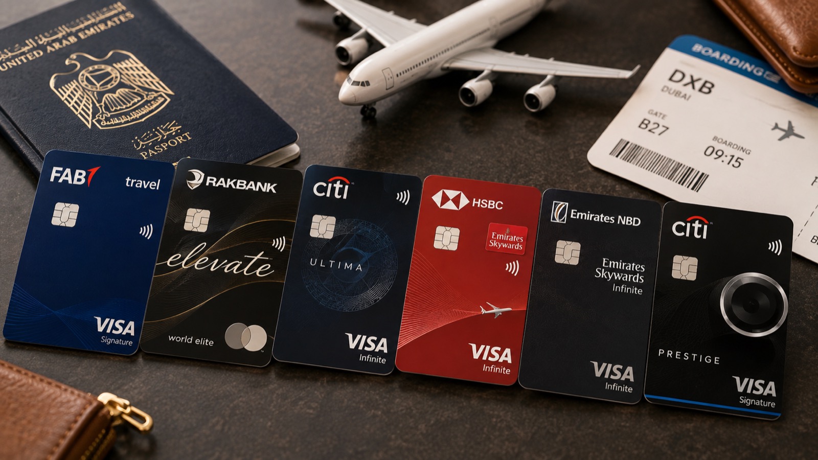 UAE travel credit cards with passport and boarding pass