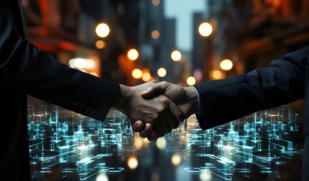 Business handshake over a digital city skyline