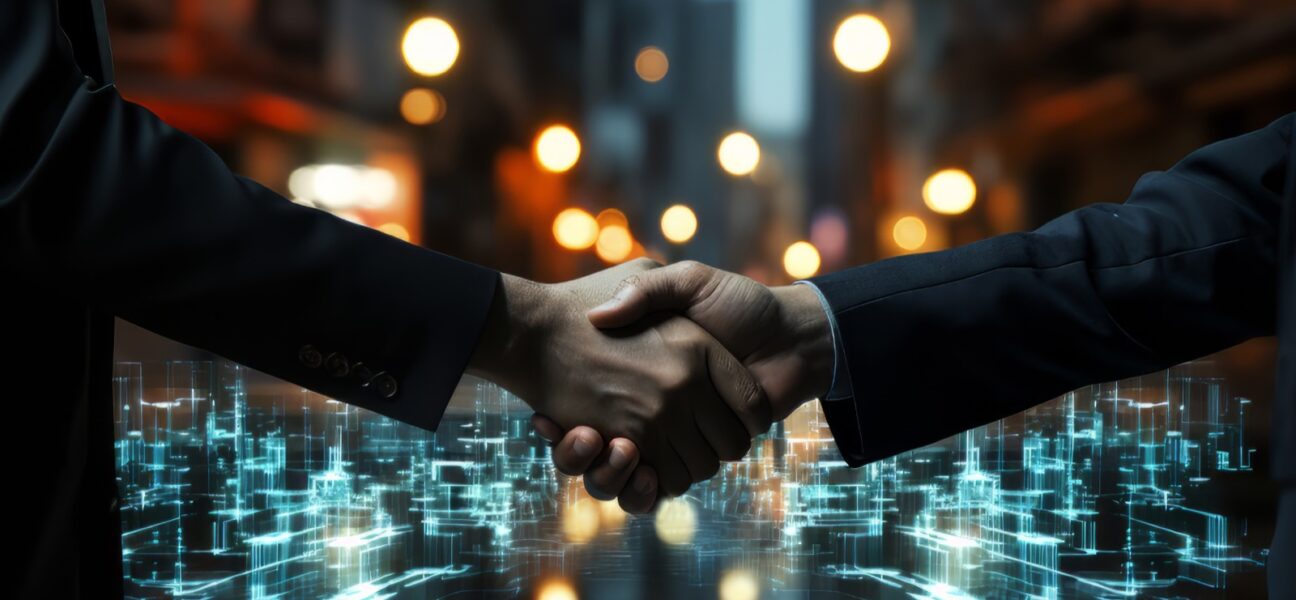 Business handshake over a digital city skyline