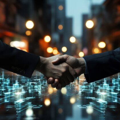 Business handshake over a digital city skyline