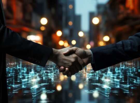 Business handshake over a digital city skyline