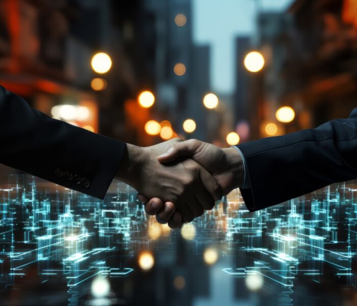 Business handshake over a digital city skyline