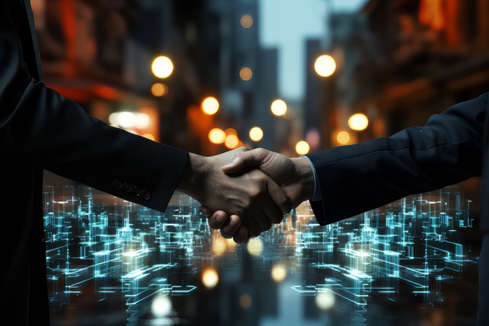 Business handshake over a digital city skyline