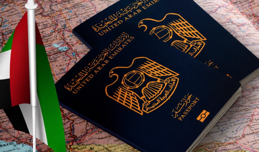 UAE passports and flag on a world map