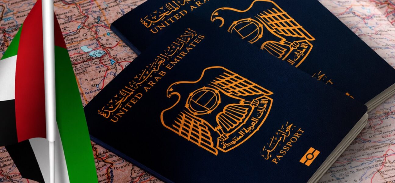 UAE passports and flag on a world map