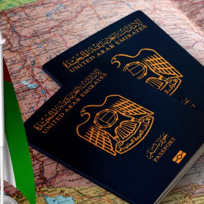 UAE passports and flag on a world map