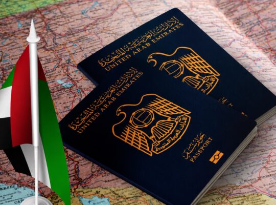 UAE passports and flag on a world map