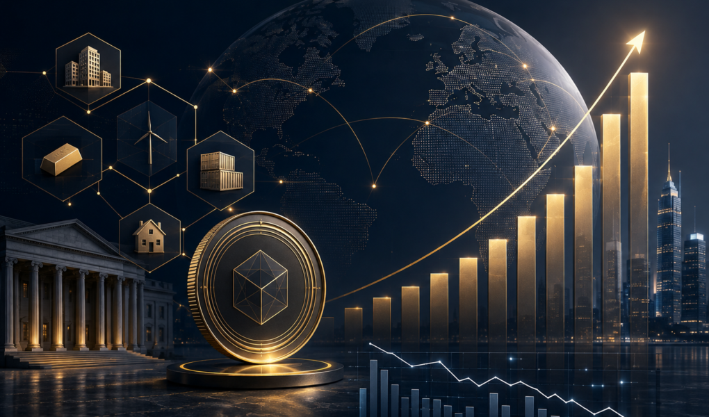 Tokenized real-world assets growth — blockchain finance and global markets illustration