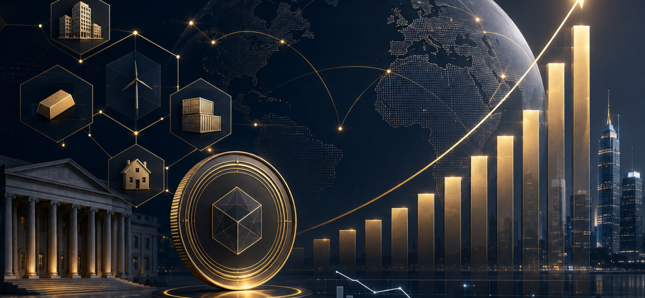 Tokenized real-world assets growth — blockchain finance and global markets illustration