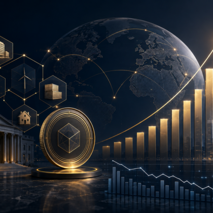 Tokenized real-world assets growth — blockchain finance and global markets illustration