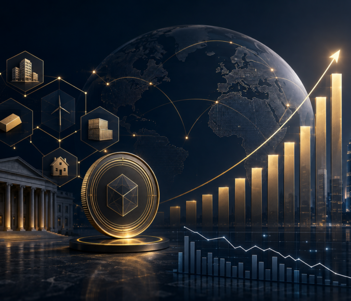 Tokenized real-world assets growth — blockchain finance and global markets illustration