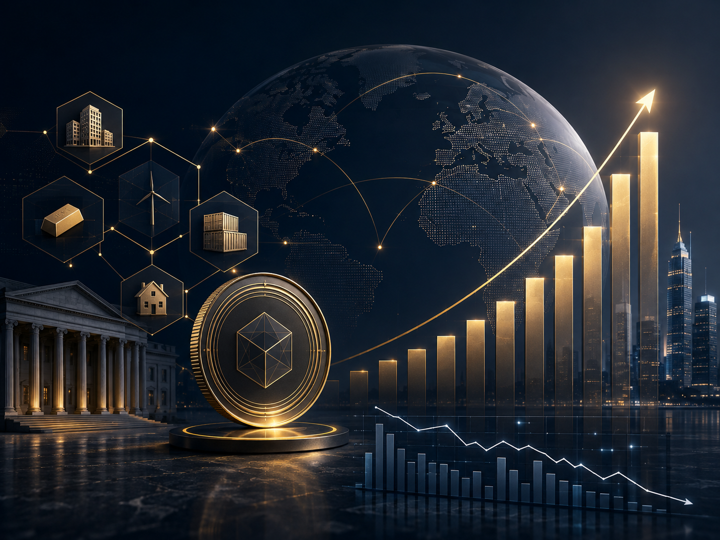 Tokenized real-world assets growth — blockchain finance and global markets illustration