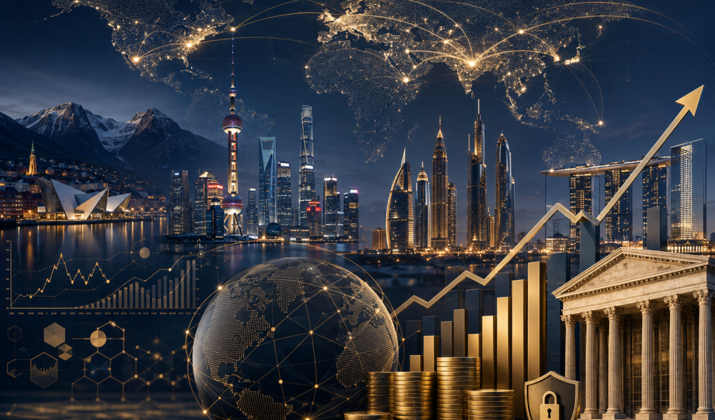 Global finance and sovereign wealth illustration — world map, financial centres and rising markets, 2026