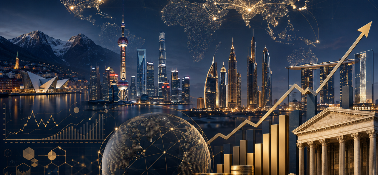 Global finance and sovereign wealth illustration — world map, financial centres and rising markets, 2026