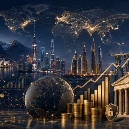 Global finance and sovereign wealth illustration — world map, financial centres and rising markets, 2026