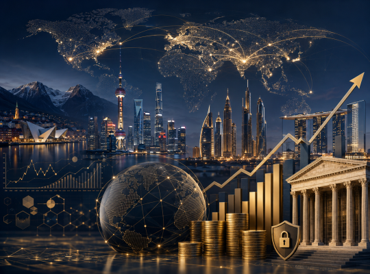 Global finance and sovereign wealth illustration — world map, financial centres and rising markets, 2026
