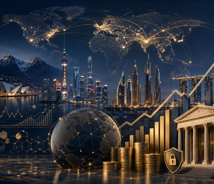 Global finance and sovereign wealth illustration — world map, financial centres and rising markets, 2026