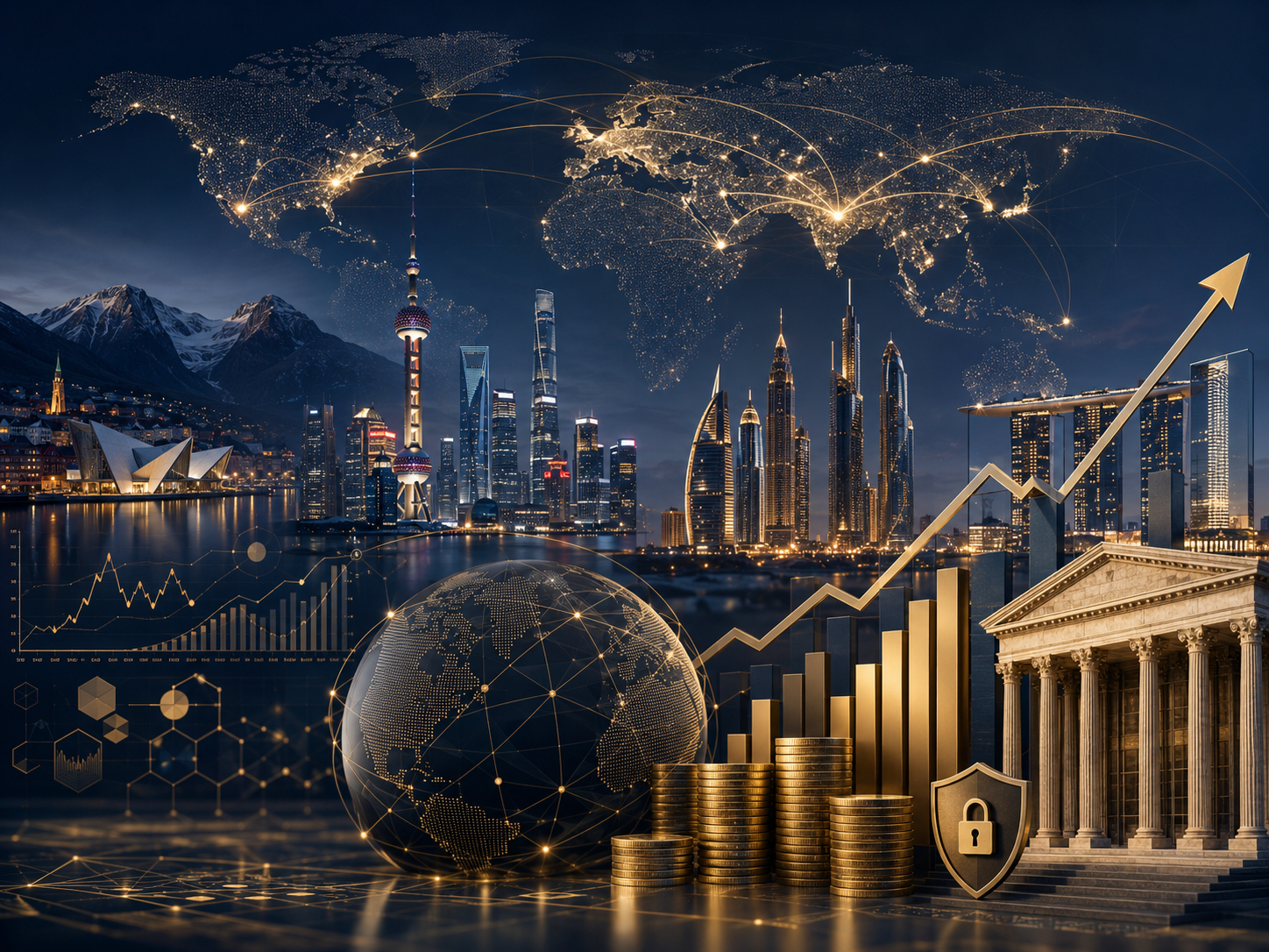 Global finance and sovereign wealth illustration — world map, financial centres and rising markets, 2026