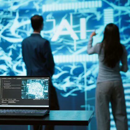 IT professionals viewing an artificial intelligence display in an enterprise setting