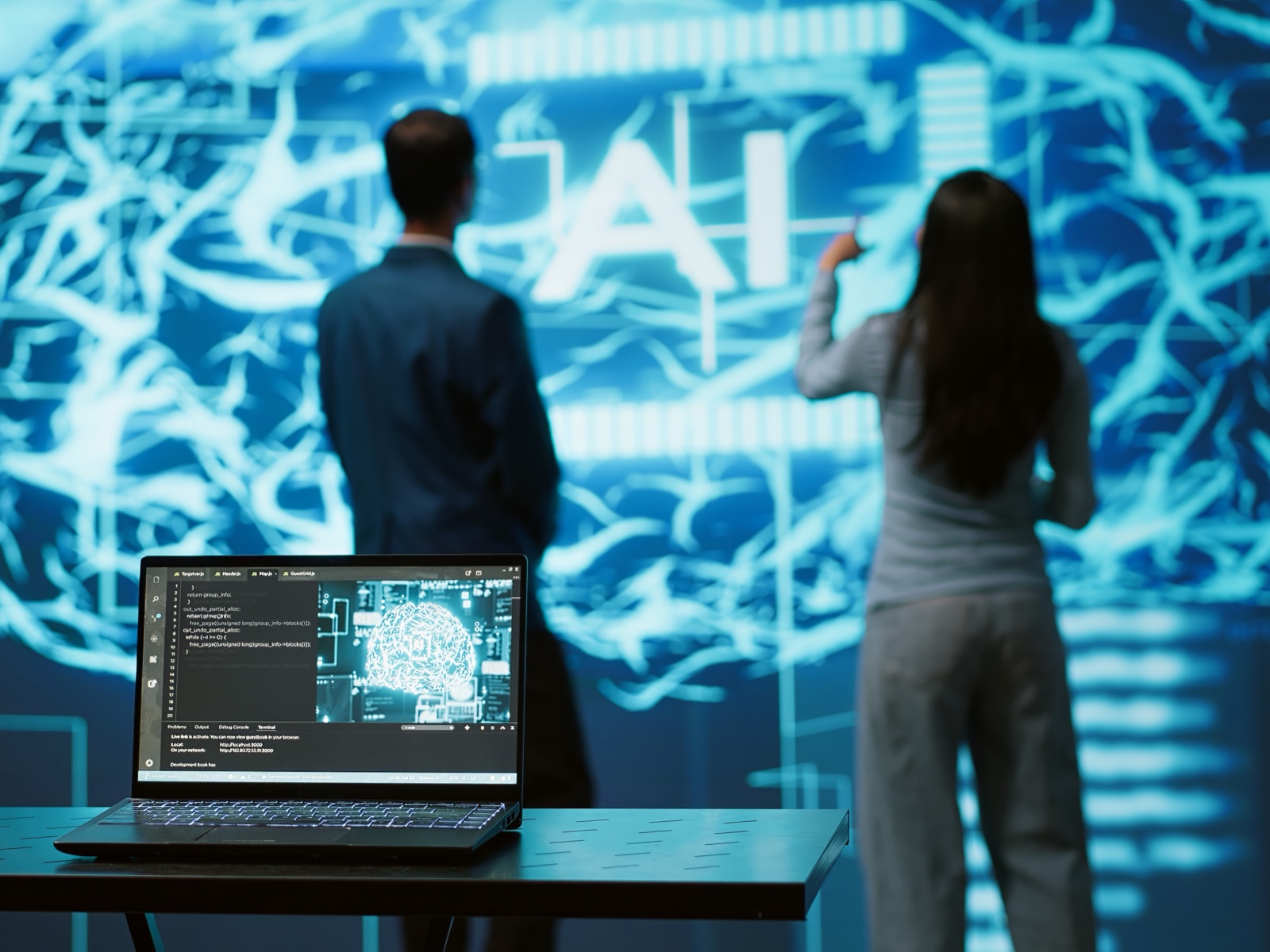 IT professionals viewing an artificial intelligence display in an enterprise setting